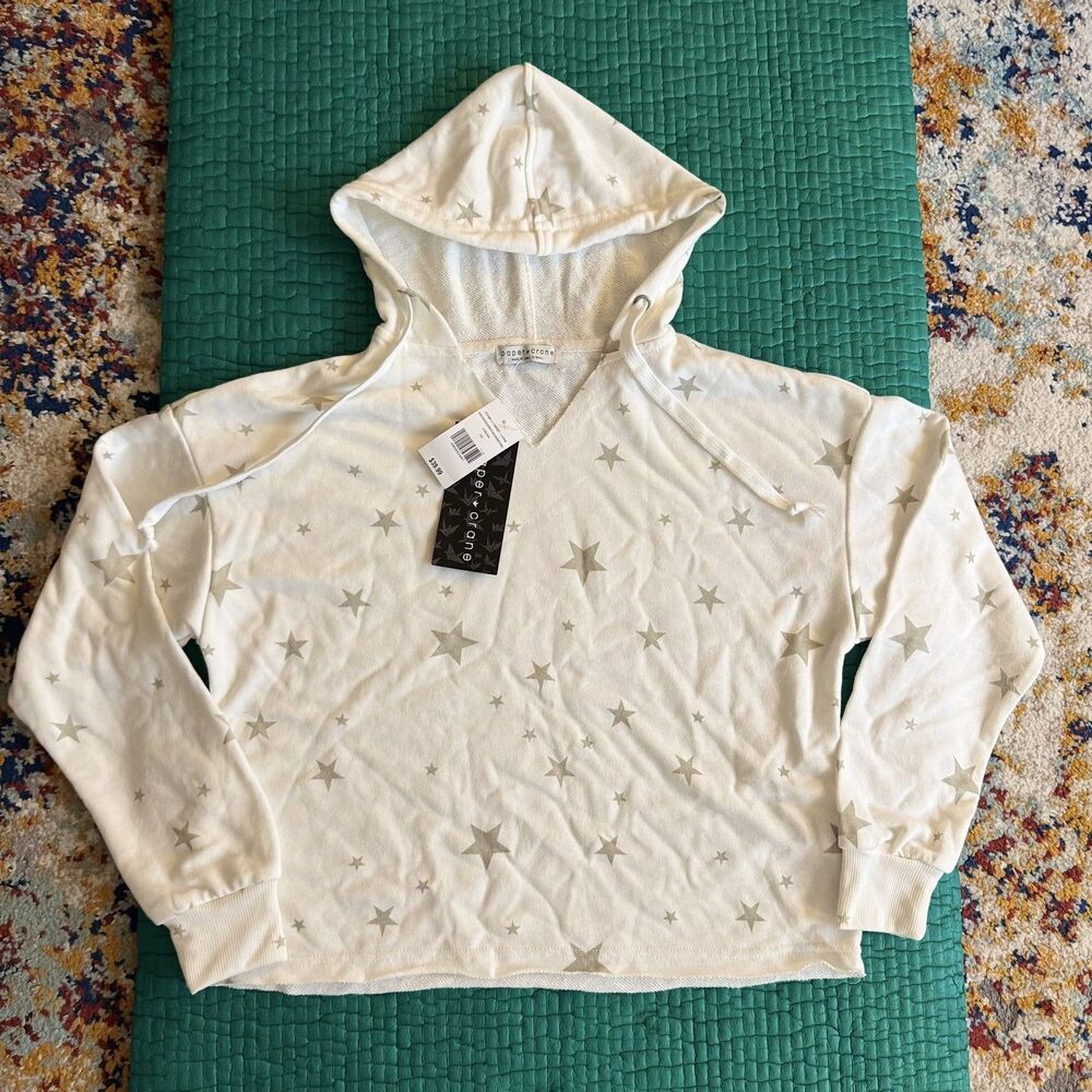 NEW NWT Paper Crane White Cream Star Print Lightweight Hoodie Women’s XS Whimsy